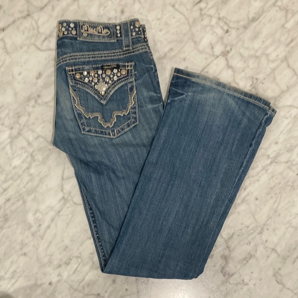 MISS ME Denim Boot Cut Jeans Size 26 Flap Pockets Stud Detail